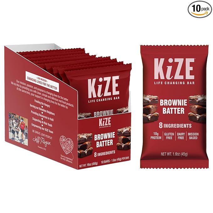 KiZE Energy Bars - Brownie Batter - Almond Butter Based, Gluten Free, Dairy Free - 10g High Protein Snacks, Clean and Simple Food Ingredients, High Protein Meal Replacement Energy Bars (10 Count)