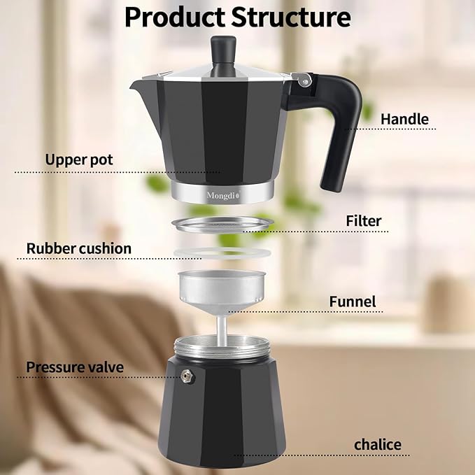 Mongdio Stovetop Espresso Maker Moka Pot, Stove Top Cuban Coffee Maker, Italian Greca Mocha Pot, 6 Espresso Cups, 10 oz - Black