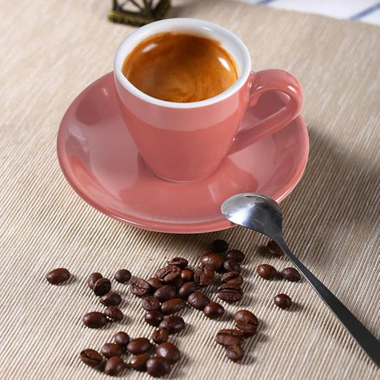 ionEgg Porcelain Espresso Cup with Saucer And Stainless Steel mini Spoons, Espresso shot Cup, 80ml/2.7Oz, Pack of 2, Pink