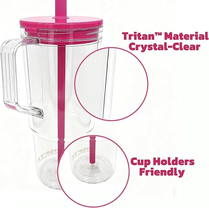 40oz Insulated Clear Tumbler with Handle and Lid & Straw, Reusable Travel Mug for Cold and Hot Drinks, Double-Wall Plastic Water Bottle | Crystal-Clear | Car Cup Holder Fit | Leakproof | BPA-Free