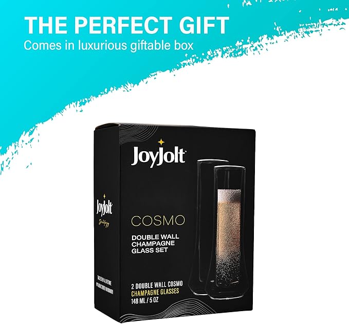 JoyJolt Cosmo Double Wall Stemless Champagne Flutes – Set of 2 Mimosa Glasses, Ideal for Weddings, or Bridal Showers – Cheerful Stemless Champagne Glasses – 148 ml / 5 oz Set of Sparkling Glasses