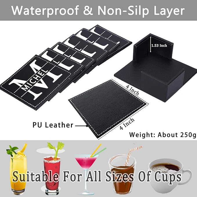 Personalized Coasters, Custom Set of 6 Leather Coaster for Drinks with Holder, DIY Name/Photo/Logo, Non-Slip, Heat Resistant, Waterproof for Coffee Table Bar Beer Wine Cup Housewarming