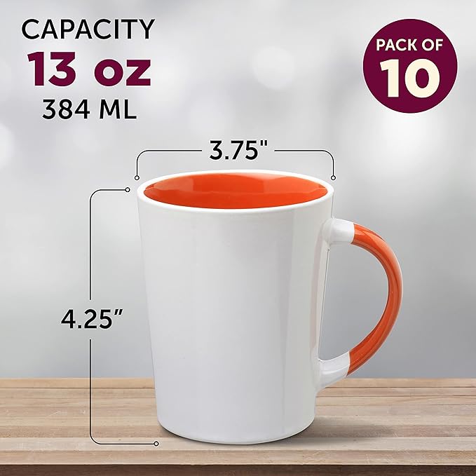 DISCOUNT PROMOS Ceramic Latte Coffee Mugs by Albany 13 oz. Set of 10, Bulk Pack - Perfect for Coffee, Tea, Espresso, Hot Cocoa, Other Beverages - Orange