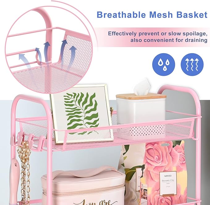 TOOLF 4 Tier Rolling Utility Cart - Durable Metal Design Pink Utility Cart, Storage Trolley on Wheels with 3 Hooks, Perfect for Kitchen, Bathroom & Laundry Room Organization