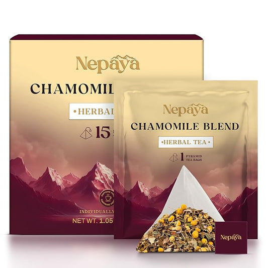 Nepaya Chamomile Herbal Tea – 15 Pyramid Tea Bags, Himalayan Chamomile Flowers & Lemongrass, Biodegradable, Naturally Caffeine-Free Bedtime Tea, Non-GMO, Gluten-Free