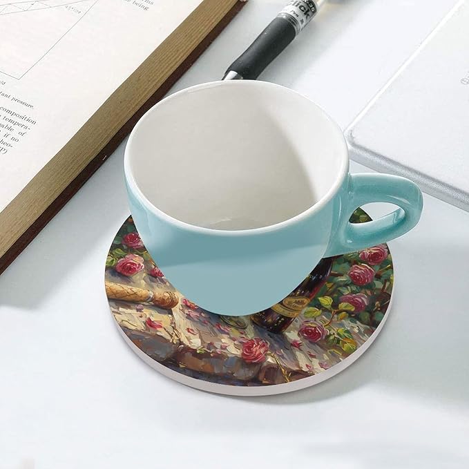 Red Wine Drink Coasters, Round Ceramic Drink Coaster Round-6PCS, Oil Painting Style Red Wine Floral Rose Flower Pattern Decor Absorbent Ceramic Coasters for Beverage Cup, Bar, Coffee Table
