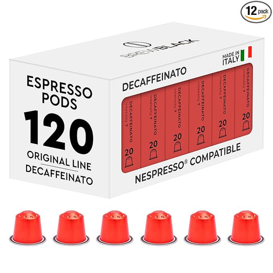 BrewBlack Decaffeinato Coffee Capsules - 120 Aluminum Coffee Pods Compatible with Nespresso Original line, Medium Roast - Intensity 7/12, Made in Italy