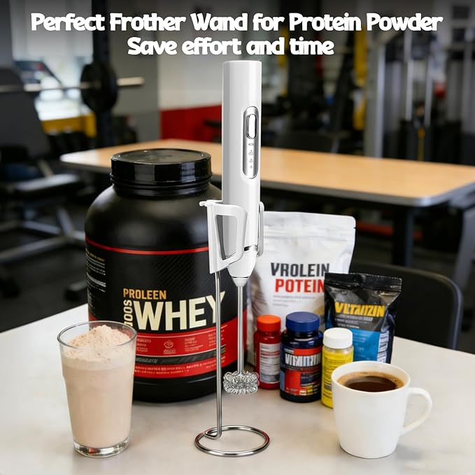 Juome Frother for Protein Powder - Rechargeable 4-in-1 Protein Mixer Wand Set, Protein Powder Scoop Funnel, Waterproof Electric Drink Frother Wand for Milk, Coffee, Lattes, Matcha & Creamer (White)