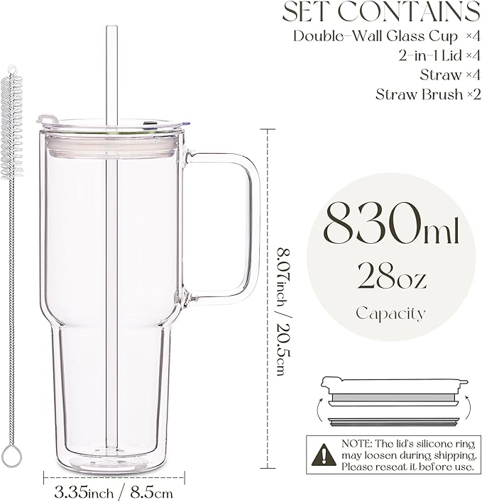 KEMORELA 28 oz Double Wall Glass Tumblers with Handle, Set of 4 | Insulated Glass Cups for Iced Coffee, Smoothie & Cold Brew | Also Perfect for Hot Coffee & Tea | Large Capacity, Thick Glass