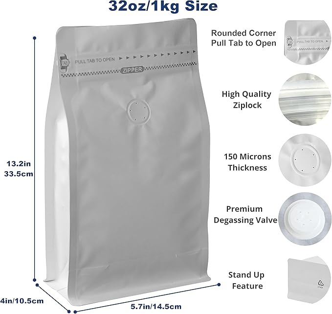 100 Count 32 Ounces /1 KG White Kraft Paper Coffee Bags - High Barrier Aluminium Foil Liner - Flat Bottom Coffee Pouches with Degassing Valve, Food Storage Bags with Rsealable Zipper & Easy Open Tape (100pcs, 32oz/1kg)