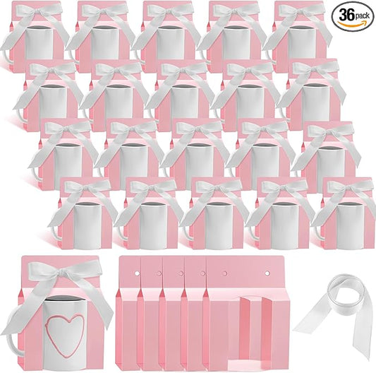 Kosiz 36 Pcs Mug Boxes Sublimation Coffee Mugs Gift Bags with Window Packaging Storage Box for Shipping Selling Wedding Valentines Gift Packaging Wrapping (for 11oz Mug,Pink,White)