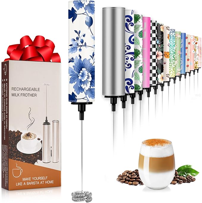 Milk Frother Handheld Rechargeable - 2-Speed Electric Whisk with 5 Detachable Heads (Frother/Mixer/Whisk) for Coffee, Latte, Cappuccino & Matcha, Drink Mixer (Flower 20)