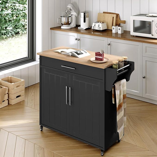 Kitchen Storage Island, Wooden Rolling Kitchen Island On Wheels with Countertop, Mobile Kitchen Island Cart with Towel Rack, Spice Rack and Drawers, Black