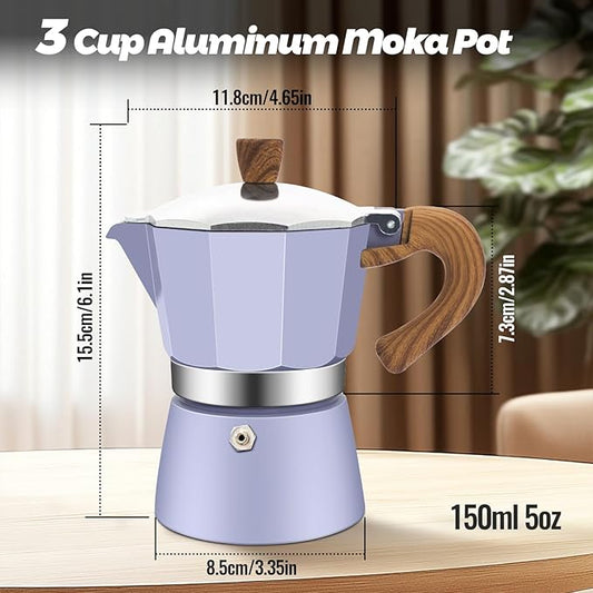 Vaolvpant 3 Cup Aluminum Moka Pot Purple Classic Stovetop Espresso Coffee Maker 150ml 5oz Coffeemaker Percolator Mocha Pot Greca Coffee Maker Cafe Makers for Italian and Cuban Café Brewing Purple
