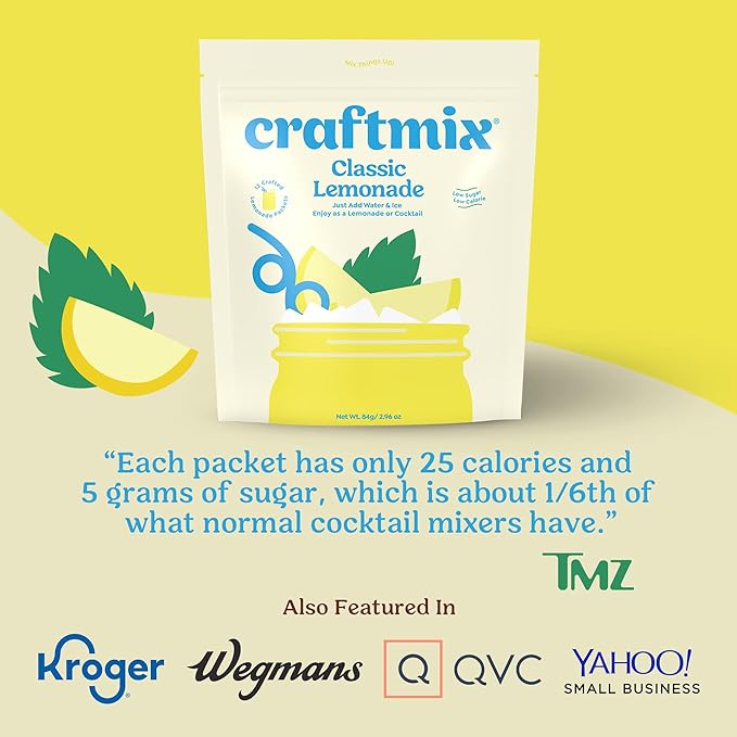 Craftmix Classic Lemonade Mix, 12 Packets, Easy Powder Drink with Real Fruit, Low-Sugar, Vegan, Low-Carb, Non-GMO, Dairy-Free, Gluten-Free, Flavored Water Enhancer, On-the-Go Water Flavoring Packets