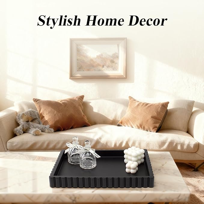YMXYJM-Scalloped Coffee Table Tray，Ottoman Tray for Modern Home Decor. 14" Decorative Tray for Entryway Table Decor, Living Room Table Decor, Coffee Table Centerpiece - Black Resin
