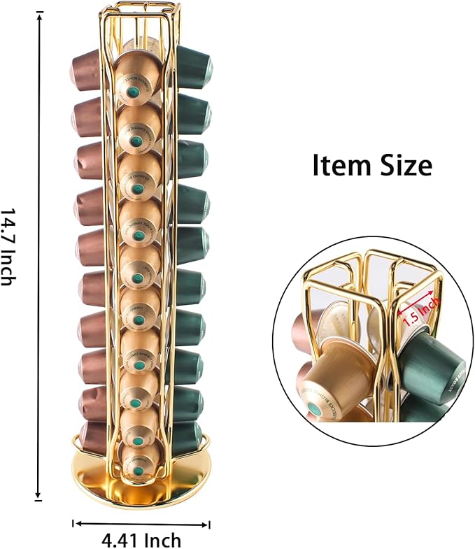 SEVENLINE Coffee Pod Holder Stand Compatible With Nespresso Original Pods Carousel Storage Rack Capsules Organizer For 40 Capsules (Gold)