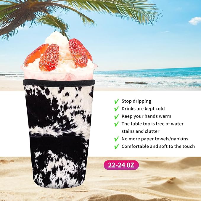 Reusable Neoprene Insulator Sleeve for Iced Coffee Cold Soda Cups, Cute Durable Drink Sleeve for Cold Beverages, Medium 22-28oz Cup Sleeve Luxuious Cow Print
