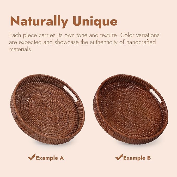 16.9 inch Round Rattan Tray, Woven Large Serving Tray with Handles, Wicker Serving Basket, Coffee Table Decor for Living Room, Reddish-Brown