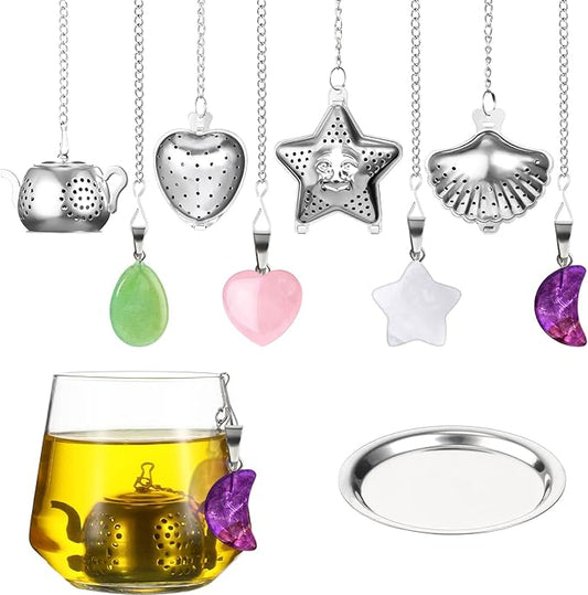 Cunhill 4 Sets Loose Tea Infusers Stainless Steel Teaballs Cute Tea Strainers Steeper Filters with Crystal Stone Pendants and Drip Tray Teacups Accessories(Cute Style)