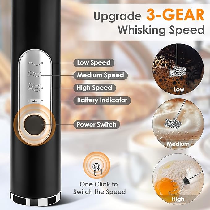 Milk Frother Rechargeable,Handheld Milk Frother, 3 Heads Rechargeable Mini Drink Mixer Stirrers, 3 Speed Adjustable Coffee Frother Wand, Drinks mixer electric handheld milk frothe