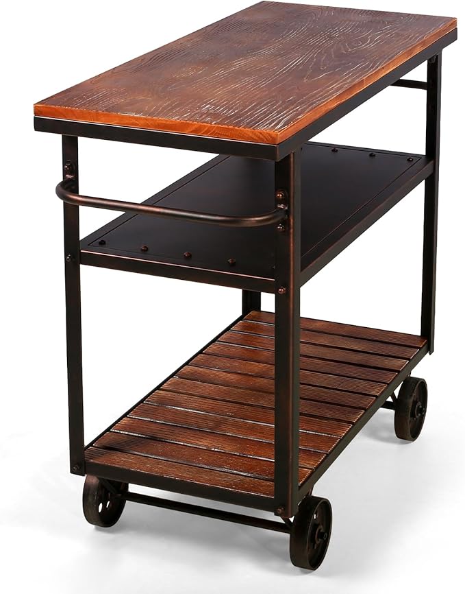 Topower Industrial Bar Cart, Serving Cart with Wheels and Handle, 3-Tier Beverage Metal Cart with Removable Tray and Storage Shelves for Living Room Kitchen, Rustic Copper