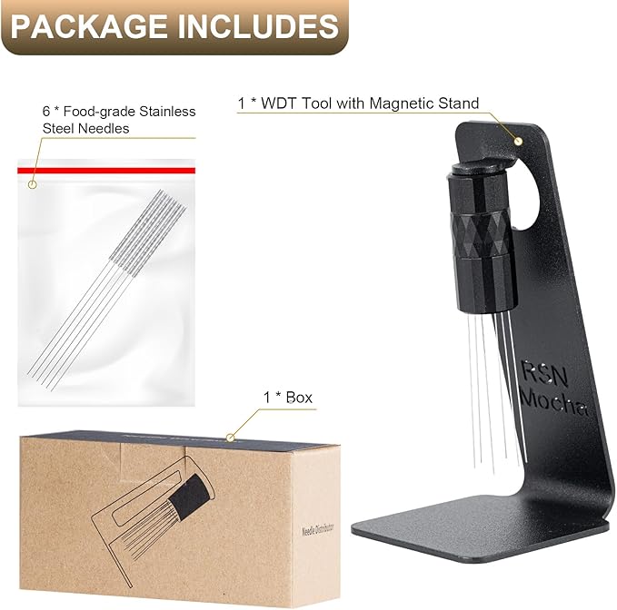 WDT Tool Espresso Distribution Tool, Coffee Distribution Tool with Magnetic Stand, Espresso Accessories with 6 Extra Φ0.25mm Stainless Steel Needles for Barista (Light Black, H：4.8 inches)