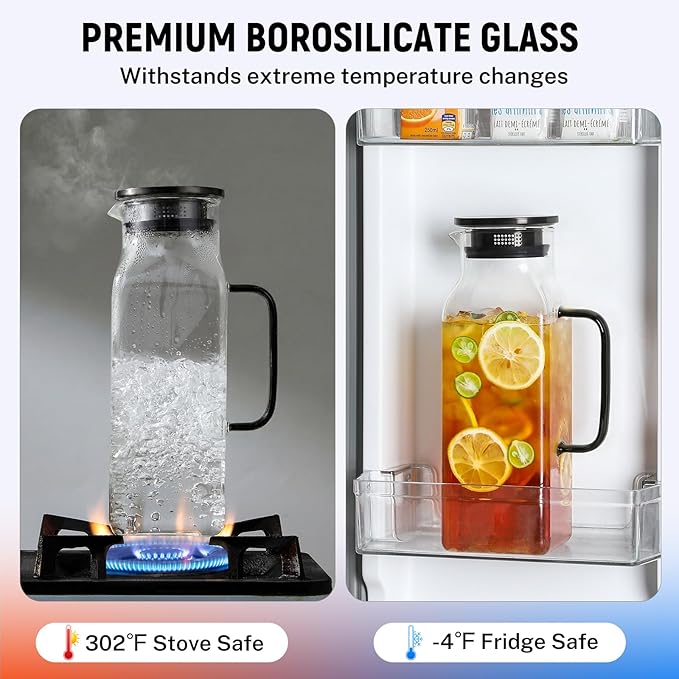 2 Pack 2 Liters/68 oz Square Glass Pitcher with Lid and Handle for Fridge, Iced Tea and Coffee Carafe Beverage Serveware, Heat Resistant Borosilicate Water Black Jug for Hot/Cold Drinks and Milk