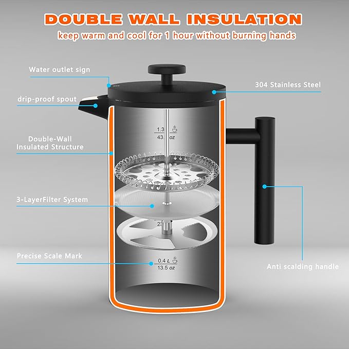 Miscedence French Press Coffee Maker，50OZ Double Wall Vacuum Insulated 304 Stainless Steel for Home, Camping and Office