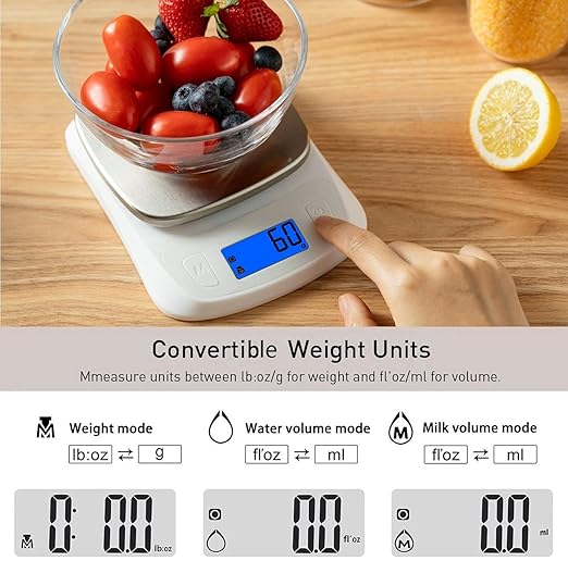 NUTRI FIT Food Kitchen Scale Digital Grams and Ounces Ultra Slim Scale Portable for Baking Cooking Camping Stainless Tare Auto Off Backlit Large LCD Display 11lb/5kg-White