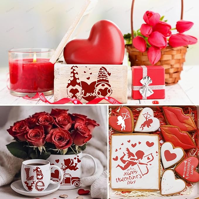 Valentines Day Cake Stencils Kit Reusable Cookie Coffee Stencil Drawing Template for Dessert Buttercream Painting Envelopes DIY Crafts Wall Floor Decor (9 Pcs Love)