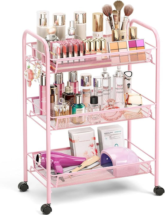 TOOLF 3 Tier Rolling Utility Cart - Durable Metal Design Pink Utility Cart, Storage Trolley on Wheels with 3 Hooks, Perfect for Kitchen, Bathroom & Laundry Room Organization