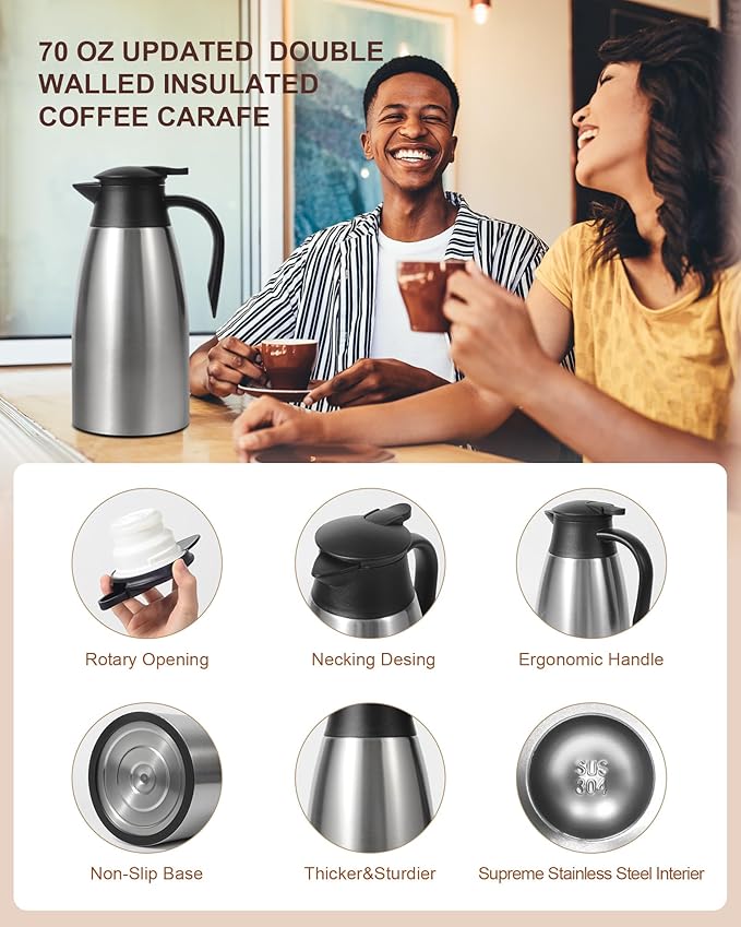 70Oz Thermal Coffee Carafe for keeping hot, 2 PCS Updated Carafe for hot liquid, Insulated Coffee Carafe Stainless Steel Thermal Pot for Coffee, Hot Water,Keep Hot 12 Hours (silver+silver)