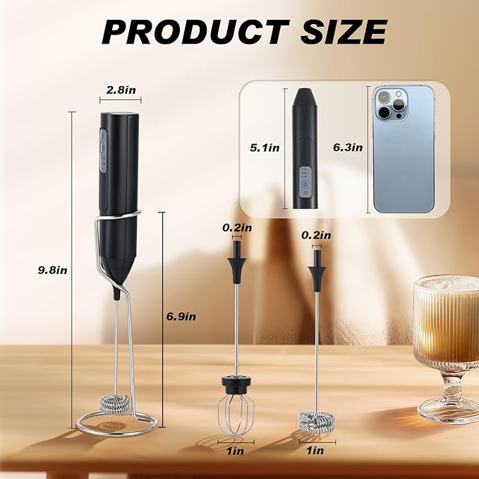 USB Rechargeable Milk Frother, Electric Handheld Milk Foam Maker with Stainless Steel Whisk for Coffee, Latte, Cappuccino