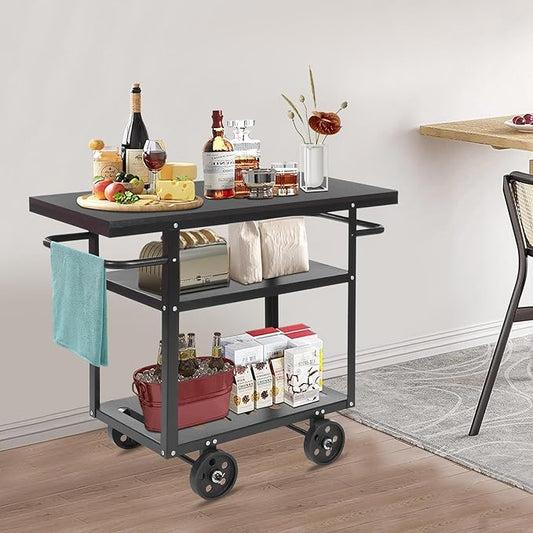 Rolling Bar Cart with Wheels, Industrial Mobile Serving Cart Kitchen Storage Cart 3-Tier with 2 Side Handle, Vintage Rustic Style, Heavy Duty & Sturdy, for Home Bar Cafe Restaurant Hostel