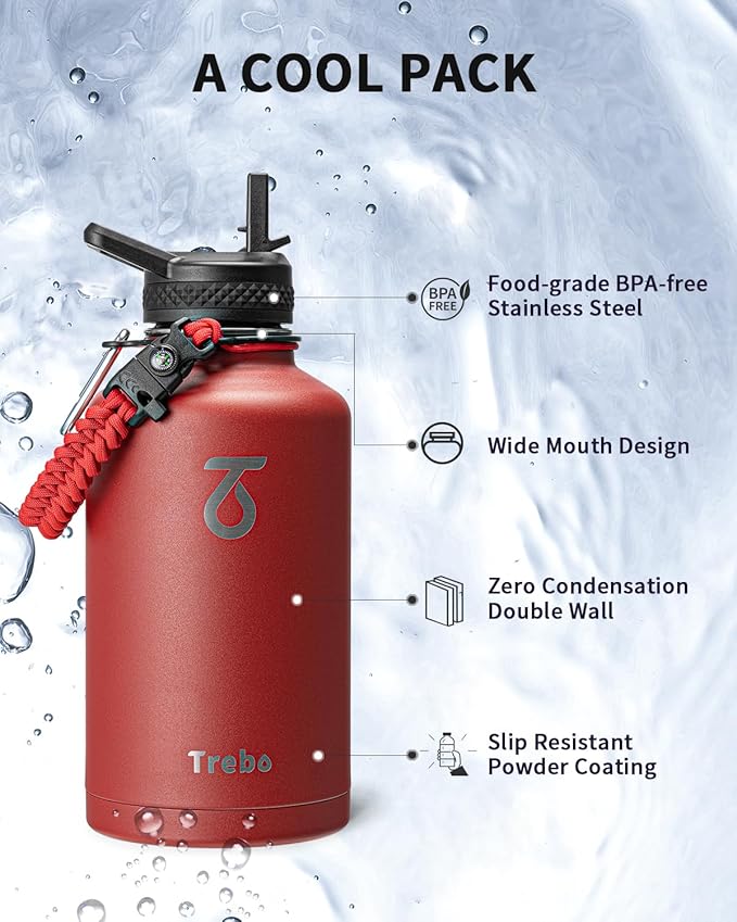 Trebo Water Bottle 64oz with Paracord Handle, Half Gallon Large Vacuum Double Wall Stainless Steel Insulated Water Jug with Holder Strap Straw Spout Lids, Leakproof Keep Cold & Hot, Red