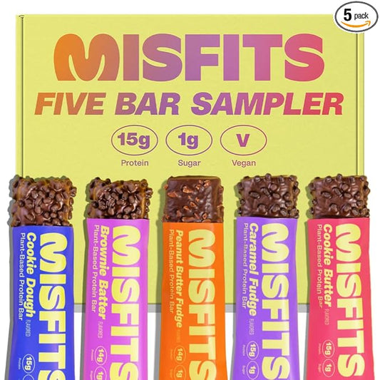 Misfits Protein Bar Variety Pack | Nutrition Bars - 14-15g Protein, 1g Sugar, Plant-based, Low Carb, Non-GMO, Gluten Free Snacks | Sample Pack of 5 - Multiple Flavors
