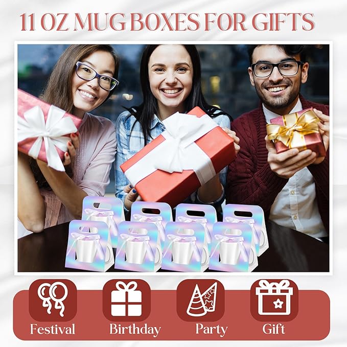 Motipuns 24 Pack Mug Boxes for Gifts 11 oz Coffee Mug Gift Boxes with 1 Roll Ribbon Sublimation Cups Packaging Bags for Sublimation Coffee Cups Blanks Wrapping(Laser Color)
