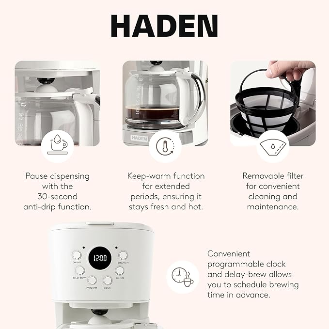 HADEN Coffee Machine, 12 Cup Programmable Drip Coffee Maker, Ivory & Chrome