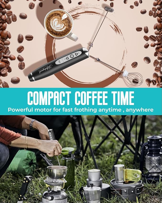 Rechargeable Milk Frother Wand with Stand for Coffee, Electric Whisk with 3 Speed Adjustable, Drink Mixer Handheld for Lattes, Cappuccino, Hot Chocolate, Egg, Dark Black