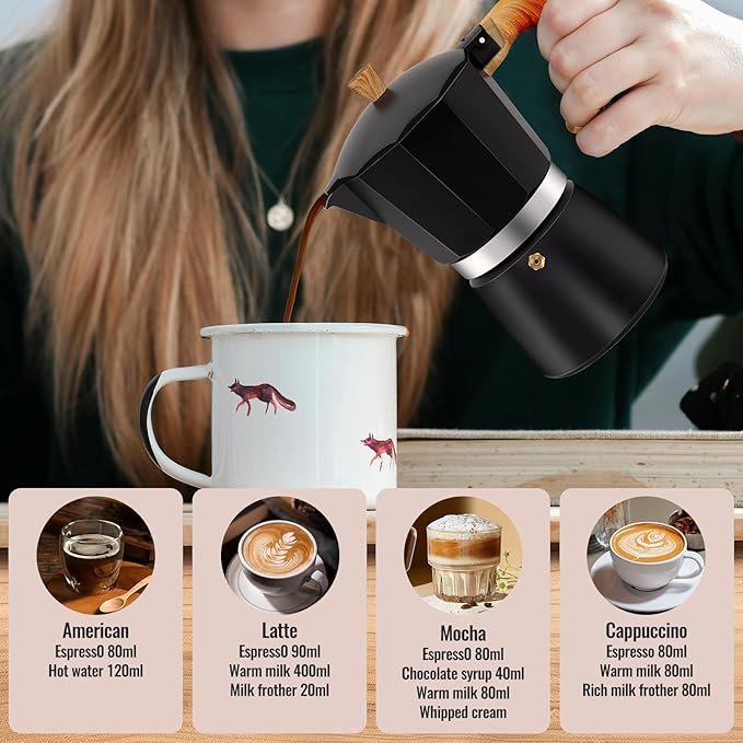 Vaolvpant 6 Cup Aluminum Moka Pot Classic Stovetop Espresso Coffee Maker 300ml 10oz Coffeemaker Percolator Mocha Pot Greca Coffee Maker Cafe Makers for Italian and Cuban Café Brewing Black