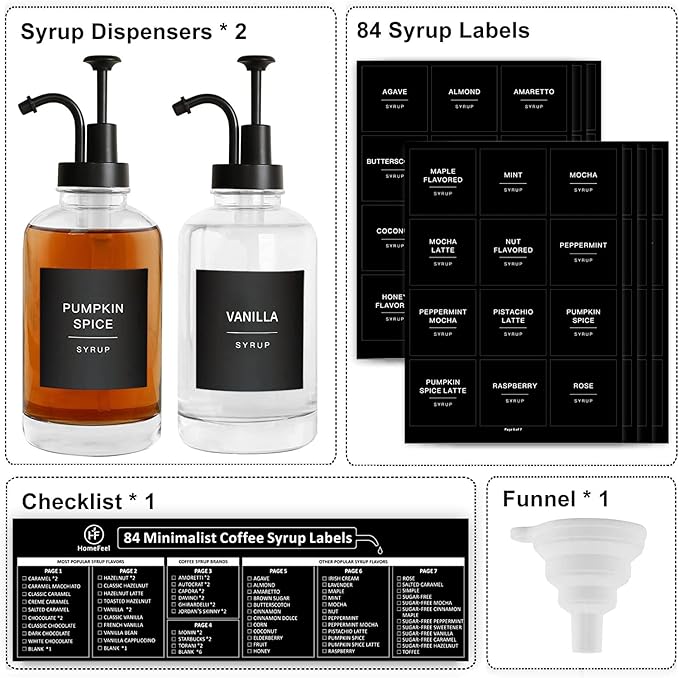Glass Coffee Syrup Dispenser with 84 Labels (Set of 2), Fancy Pump Dispenser for Bar Accessories, 16.9 oz