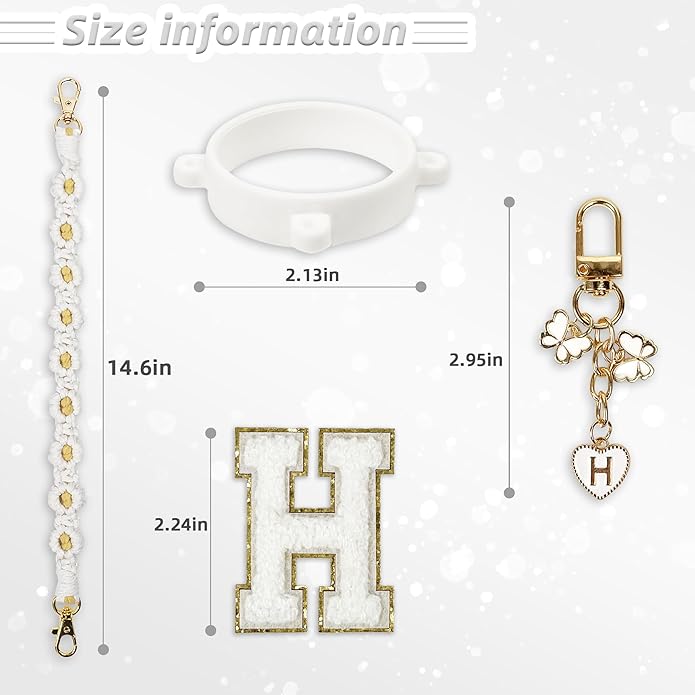 Compatible with Owala Water Bottle Accessories, Cute Letter Charm Set with Boho Handle Strap, Monogram Sticker, Silicone Ring, Keychain Decoration, for FreeSip 24 32 40oz, Owala Kids, Tumbler Gift