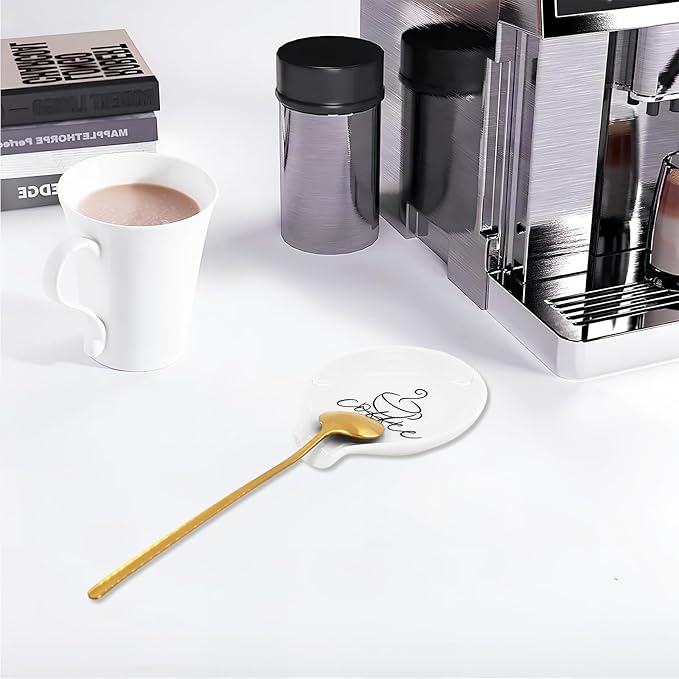 2 Pcs Coffee Spoon Rest, Monogram Ceramic Spoon Holder for Tablespoon, Teaspoon, Bar Spoon, With 2 Pcs Spoon for Coffee Lovers Girlfriend Wife Husband Anniversary Friends