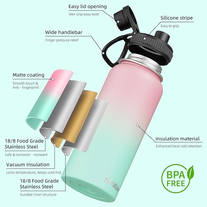 SASEUM Insulated Stainless Steel Water Bottles 32oz with Spout Lids Metal Vacuum Thermal Large Water Jug Leak-proof Reusable Flask for Sports Gym and Travel,Pink-Green