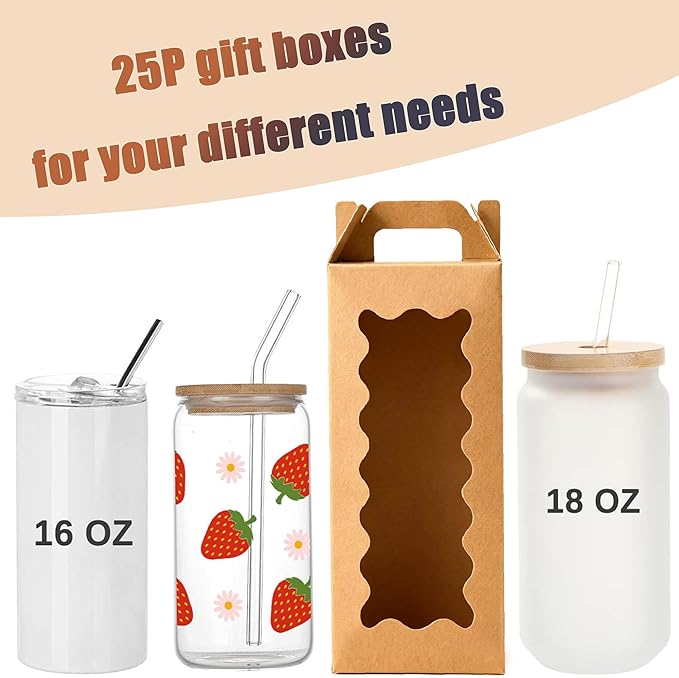 25Pcs Tumbler Gift boxes for glass cup with Handle for 16oz 18oz 20oz Sublimation Glass, Cup boxes for packaging 16oz,Tumbler Packaging Boxes with window for gifts,Water bottle gift boxes（Brown）