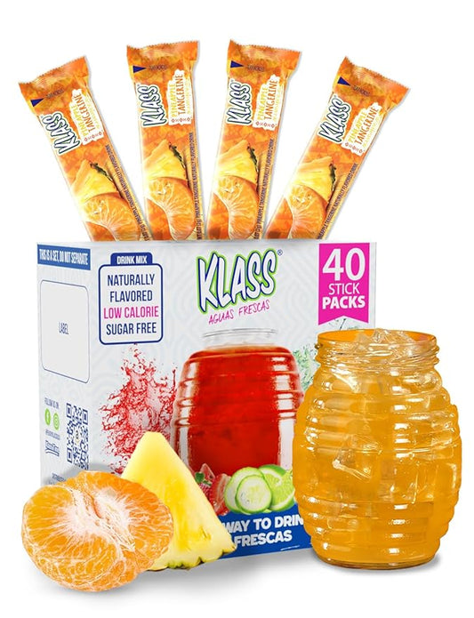 Klass Aguas Frescas, Powdered Drink Mix Variety Pack, 40 Singles Zero Sugar & Caffeine-Free Powder Packets, Water Drink Mix, Flavor: Pineapple Tangerine- 5 Calories Per Packet & Natural Flavors