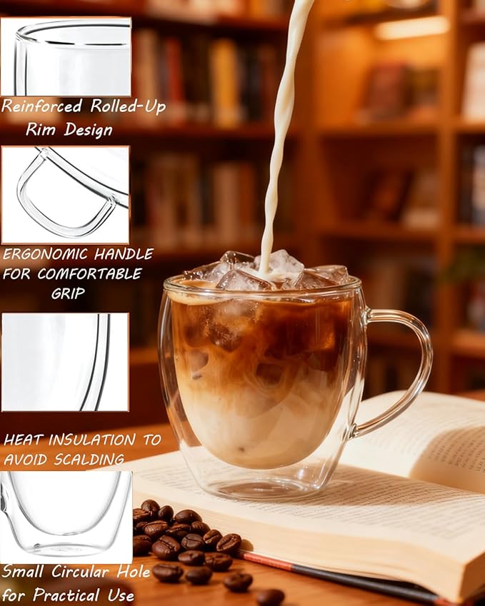 Glass Coffee Cups Set Of 2-8.5oz Double Walled Glass Coffee Mugs with Handle,Clear Insulated Borosilicate Glass Mug,Suitable for Cappuccino,Tea,Latte,Hot Beverage and Wine (2 pack 8.5oz)