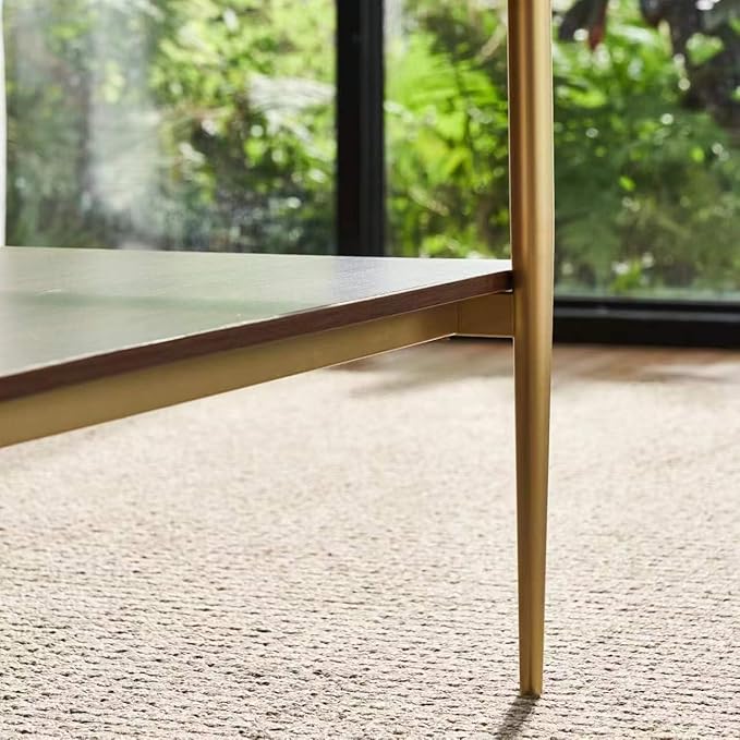 Shrine Rectangle Coffee Table, Mid-Century Modern Design, 2-Tier Structure, Clear Glass Top and Walnut MDF Shelf, 39.4" D x 21.6" W x 17.3" H, Sleek Conical Metal Legs with Gold Finish