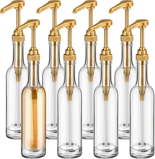 Baderke 8 Pack Glass Coffee Syrup Dispenser Bottles for Bar, 375ml Coffee Pump Dispenser, Glass Syrup Bottle with Pumps, Bar Accessories Clear Bottles(Gold)